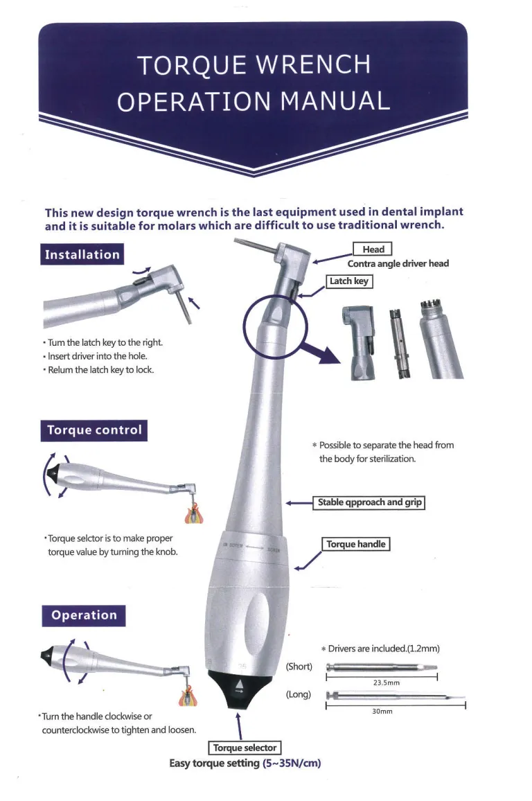 YAYIDA Dental Implant Equipment Aluminum Torque Wrench Hand Driver Handpiece Screwdriver Oral Treatment Wrench